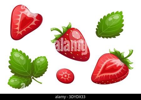 Set of vector images of whole strawberries and leaves Stock Vector