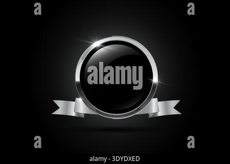 Silver round black glass medal frame with glow and reflections, silver 3d award badge with glittering ribbon particles, shiny glossy blank emblem Stock Vector