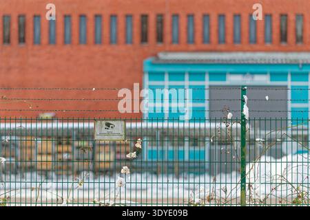A green metal fence topped with barbed wire and patches of snow stands in front of a red brick and blue industrial building on a snowy day. Stock Photo