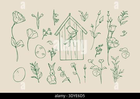 Set of easter outline doodles. Spring flowers and birdhouse sketch Stock Vector