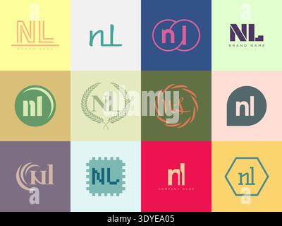NL logo company template. Letter n and l logotype. Set different classic serif lettering and modern bold text with design elements. Initial font typog Stock Vector
