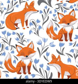 Fox seamless pattern with cute red foxes and blue flowers. Woodland animal illustration with floral elements, perfect for fabric, textile, wallpaper Stock Vector