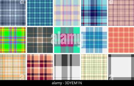 Plaid pattern set for casual feminine fashion. Tartan textures elevate blouses, skirts, and layering pieces. Seamless vectors align edges. Stock Vector