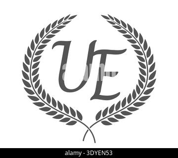 Initial letter U and E, UE monogram logo design with laurel wreath. Luxury emblem with calligraphy font. Stock Vector