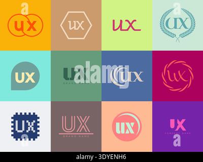 UX logo company template. Letter u and x logotype. Set different classic serif lettering and modern bold text with design elements. Initial font typog Stock Vector