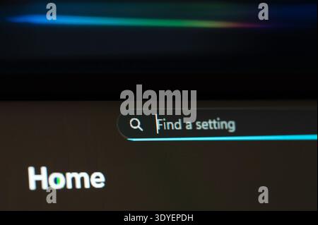 New York, USA - March 3, 2026: Find setting in windows bar close up macro view on computer screen Stock Photo