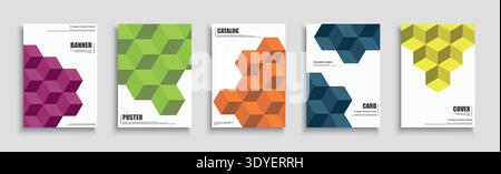 Collection of color geometric covers, templates, backgrounds, placards, brochures, banners, flyers. Abstract print with 3d geometric cube shapes for Stock Vector