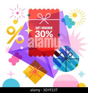 Open envelope with voucher or coupon, gift boxes and percent sign. Vector illustration of electronic mail for sale and promotion. Design for banner, p Stock Vector