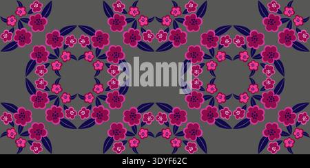 Asian ethnic style ornament. Seamless pattern of flowers wreath. Pink flowers on gray background Stock Vector
