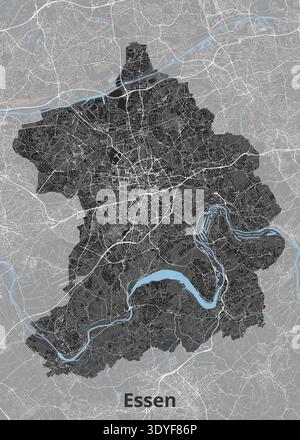 This is a detailed map of the city of Essen, Germany. The map features a dark gray overlay on the urban areas Stock Vector