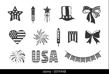 4th of July Silhouette Bundle, 4th of July Svg, Rocket, Bow Fireworks Clipart, Usa Independence day Vectors, 4th of July Vectors -V03. Stock Vector