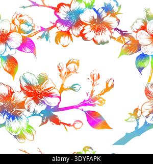Cherry branches with flowers, colored sakura seamless pattern background. Hand drawn. Not AI, vector illustration. Stock Vector