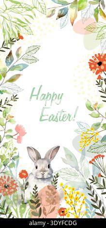 vertical Easter card with a watercolor bunny. Happy Easter. hand drawn. Not AI, Vector illustration. Stock Vector
