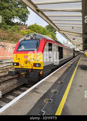 Shrewsbury, England, UK - September 9, 2025; Transport for Wales locomotive hauled passenger train at station platform in Shrewsbury UK Stock Photo