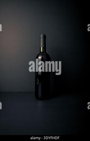 Portrait shot of an unlabeled wine bottle on a dark background with soft dramatic light and large space above, a minimalist stock image for branding, Stock Photo
