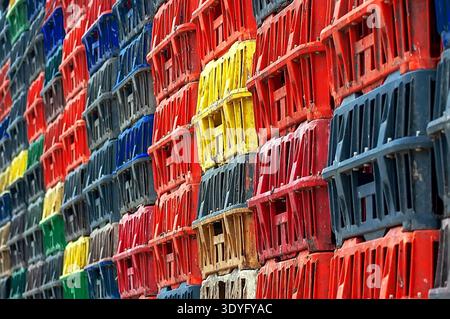 Colorful Plastic Crates Stacked Warehouse Stock Photo