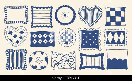 Decorative pillow collection in Mediterranean folk style. Hand drawn cushions. Trendy blue line vector set for home decor, textile design, interior Stock Vector