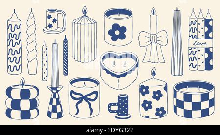 Hand drawn candle collection in trendy Mediterranean style. Decorative candles, jars, bow candles and sculptural shapes. Minimal blue line vector set Stock Vector