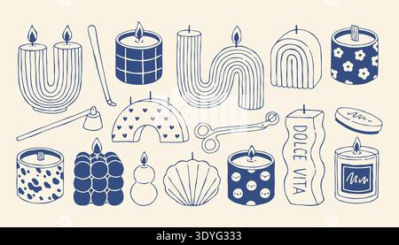 Modern sculptural candle vector set with abstract shapes, arches, waves and decorative containers. Trendy hand drawn blue line for interior decor Stock Vector