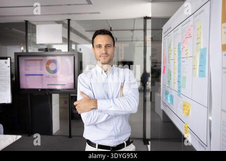 Proud confident middle adult businessman standing near agile scrum whiteboard Stock Photo