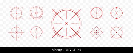 Crosshair Hud red. Precision aim icons and shooting targets. Futuristic sniper reticle designs for weapon sights. Set of simple Vector icons Stock Vector