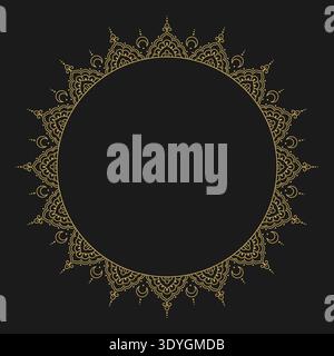 Mehndi Mandala Ornament Frame Gold Circular Round Ornamental Design Black background Stock Vector