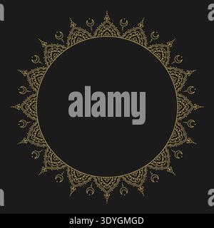 Mehndi Mandala Ornament Frame Gold Circular Round Ornamental Design Black background Stock Vector