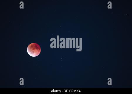 Blood moon during lunar eclipse glowing red in the night sky with visible stars around Stock Photo