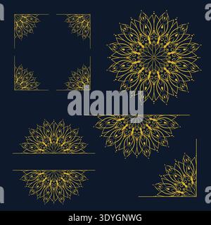 Gold mandala ornament decorative elements luxury floral line art set Dark background Black Stock Vector
