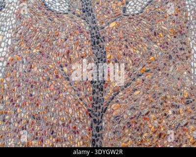 Decorative pattern on the sidewalk paved with small beach pebbles. Creative stone texture of a walking path Stock Photo