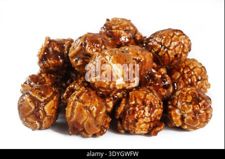 Chocolate popcorn on white background Stock Photo