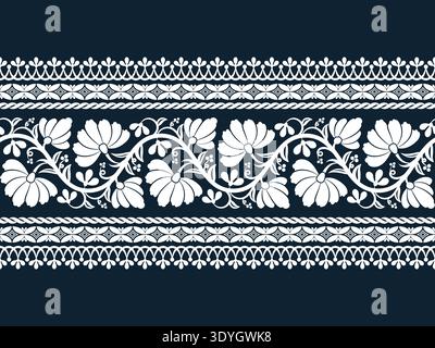 Elegant folk-style white floral vine and geometric border pattern on dark navy. Ideal for textiles, elegant stationery, and digital frames. Stock Vector