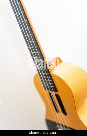 Wooden ukulele with black fretboard and sound holes, isolated on white background Stock Photo
