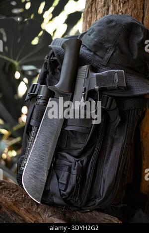 machete knife and a hiking backpack rest on a log. Stock Photo