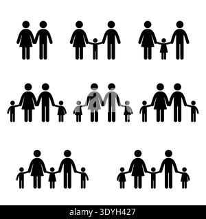Stick Family Icons Set Black Silhouettes collection Stock Vector