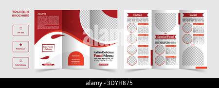 Italian Delicious Food Menu Tri-Fold Brochure with Modern Wave Graphics Stock Vector