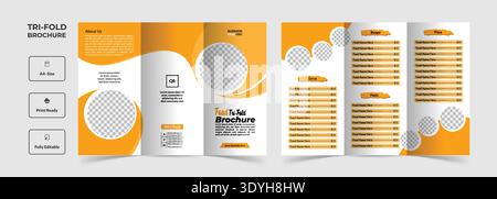 Modern Black and Yellow Tri-Fold Restaurant Menu with Circular Grid Layout Stock Vector