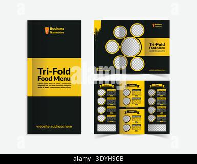 Tri-fold Food Menu Brochure Template in Bold Black and Yellow Design Stock Vector