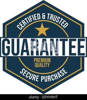 A navy blue guarantee badge with gold accents and white text displays a gold star on a premium quality seal indicating secure purchase and trusted Stock Vector