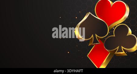Golden 3D playing card suits on a dark, luxurious background for casino and game design. Vector illustration Stock Vector
