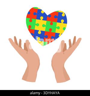 Hands and a heart with a jigsaw puzzle pattern, a design dedicated to World Autism Awareness Day. Vector illustration. A concept of love, relationship Stock Vector