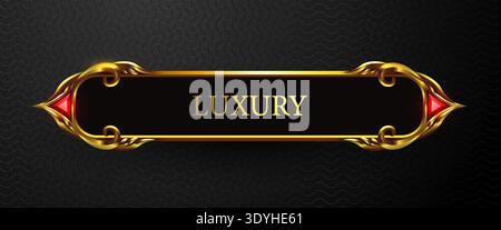 Luxurious golden banner with LUXURY text and red gems on a dark background. Vector illustration. Stock Vector