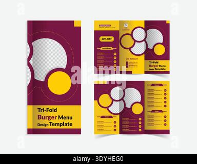 Special Food Menu Brochure Template - Elegant Burgundy and Yellow Tri-Fold Restaurant Flyer with Modern Diagonal Shapes Stock Vector