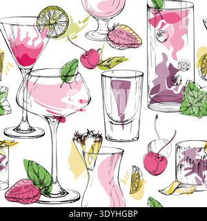 Pastel rosy cocktails, shots, summer drinks with tropical pineapple wedge, citrus wheels, cherry berry. Seamless hand drawn pattern for lifestyle Stock Vector
