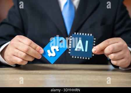The value of AI technologies. The cost of implementing AI in business. The profitability and return on investment of neural networks. Innovation budgeting, digital transformation, tech investment Stock Photo