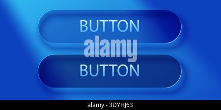 Set of two modern blue neumorphic buttons with BUTTON text on a gradient background. Vector illustration. Stock Vector