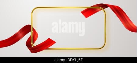 Golden rectangular frame with a red ribbon, perfect for celebrations, gifts, and banners. Vector illustration Stock Vector