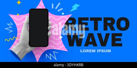 Dynamic Retro Wave banner with a stylized hand holding a modern smartphone on a vibrant background. Vector illustration. Stock Vector