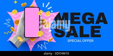 Mega Sale Special Offer banner with a hand holding a smartphone and falling golden coins. Vector illustration Stock Vector