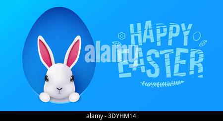 Joyful Happy Easter card with a cute bunny in a blue egg. A cheerful spring holiday celebration design. Vector illustration. Stock Vector